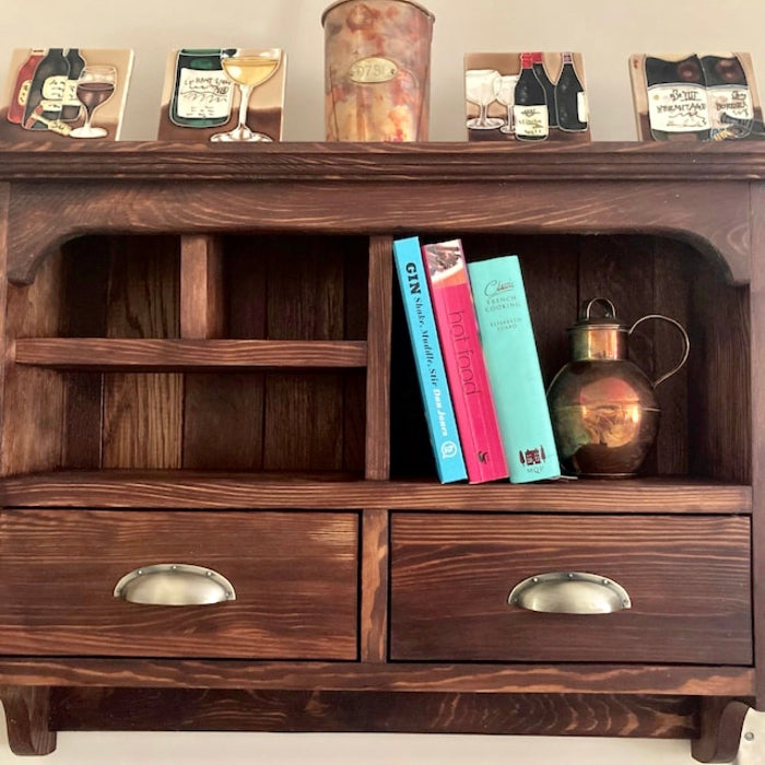 AKIKO Rustic Wooden Wall Shelf with Drawers & Hooks – Vintage Farmhouse Storage Organizer