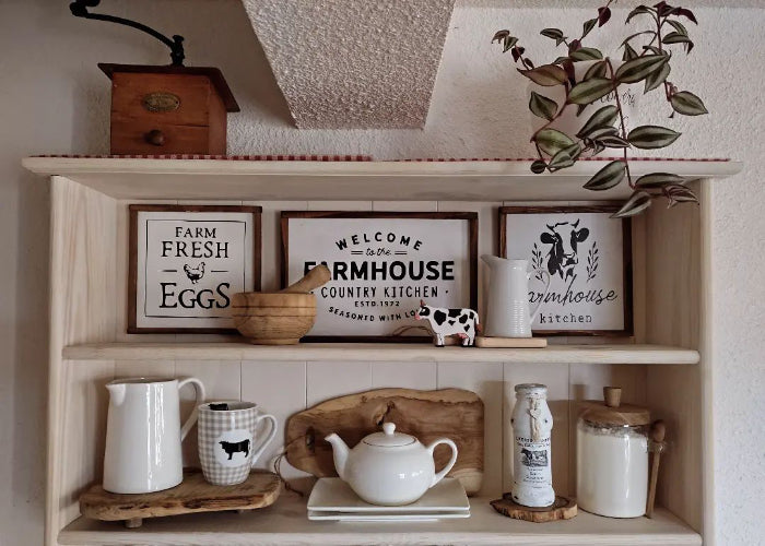 AGNÈS Farmhouse Wall Shelf with Hooks – Handmade Wooden Kitchen Display