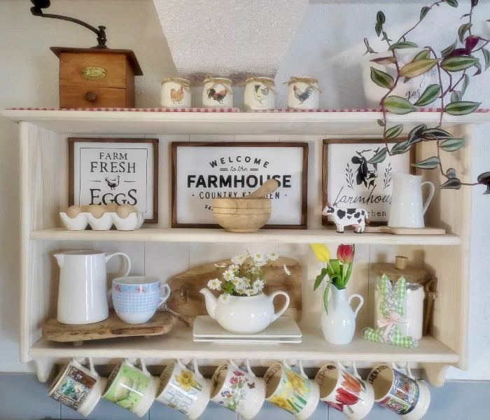 AGNÈS Farmhouse Wall Shelf with Hooks – Handmade Wooden Kitchen Display