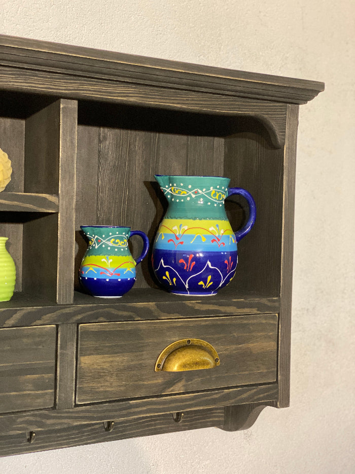 AKIKO Rustic Wooden Wall Shelf with Drawers & Hooks – Vintage Farmhouse Storage Organizer