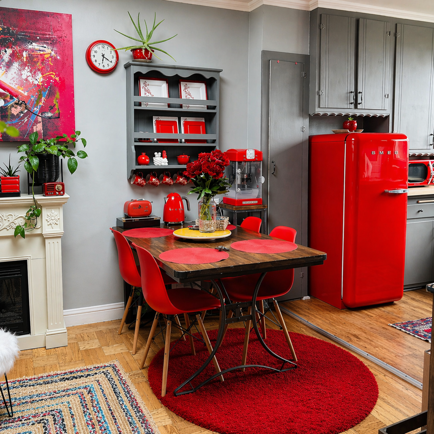 Modern kitchen with red refrigerator, dining table, and chairs.