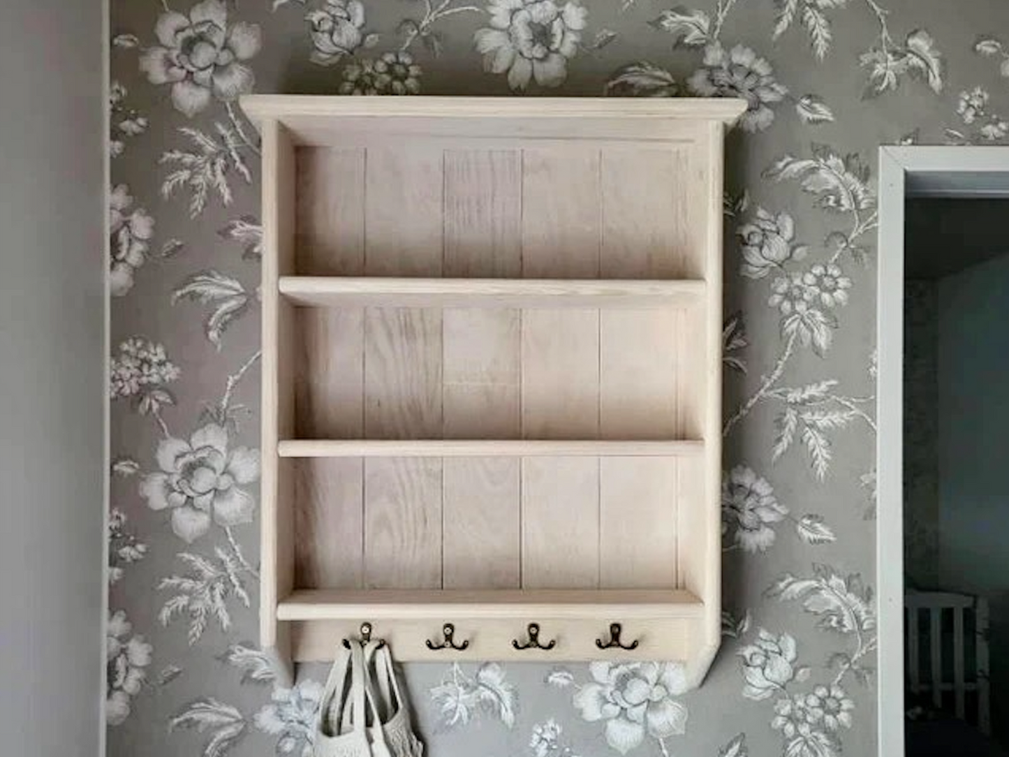 s79 SHERRI BESPOKE Wall hanging shelving unit with hooks made of solid pine (Copy)