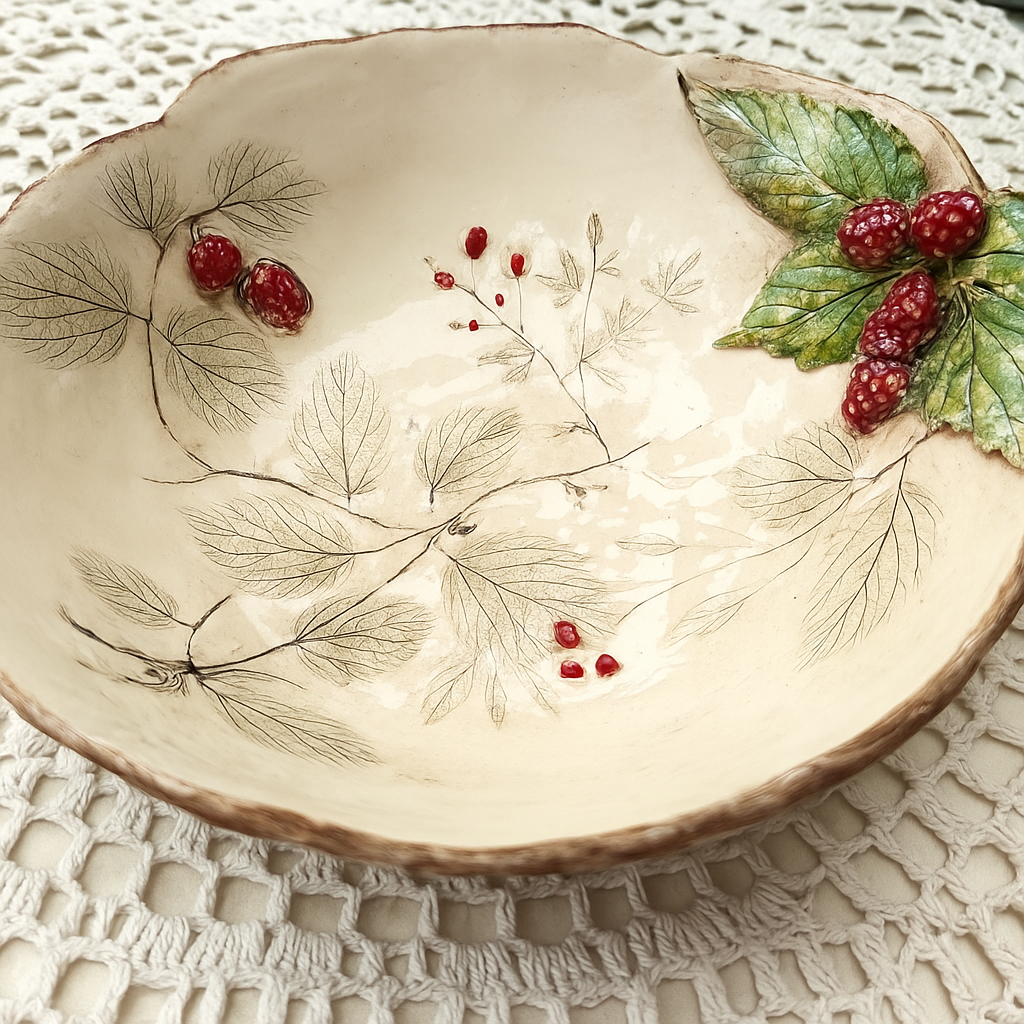 BERRIES 🍓 Handcrafted Ceramic Bowl with Berry & Leaf Motif – Nature-Inspired Artisan Dish