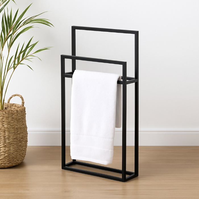 BIRK Minimalist Freestanding Towel Rack – Modern Metal Bathroom Stand
