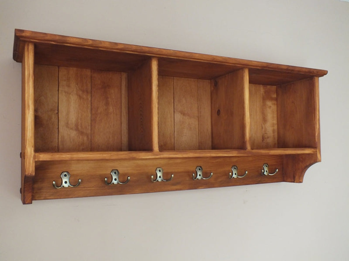 Bertille – Solid Pine Wall Shelf with Three Compartments & Six Double Hooks