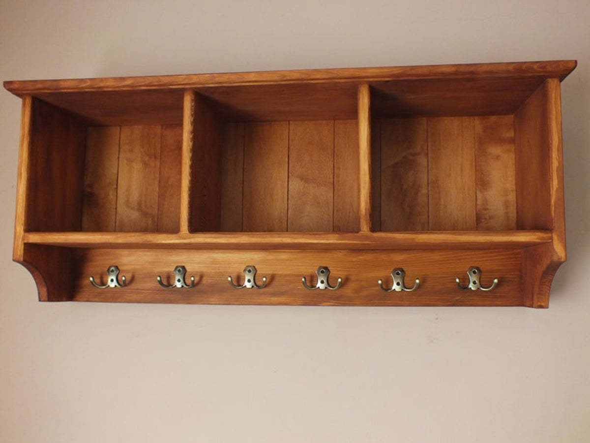 Bertille – Solid Pine Wall Shelf with Three Compartments & Six Double Hooks