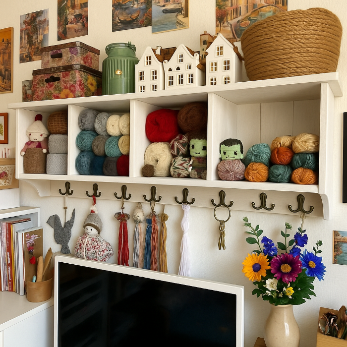 h22 Rustic Wall-Mounted Shelf with Hooks – Handmade Storage for Entryway, Craft Room, or Kitchen