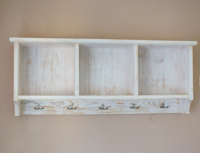 h32 Whitewashed Wooden Wall Shelf with Hooks – Handcrafted Rustic Charm for Your Entryway or Home Office