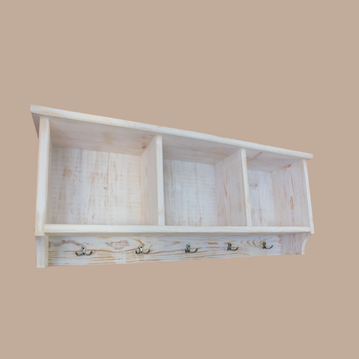 h32 Whitewashed Wooden Wall Shelf with Hooks – Handcrafted Rustic Charm for Your Entryway or Home Office
