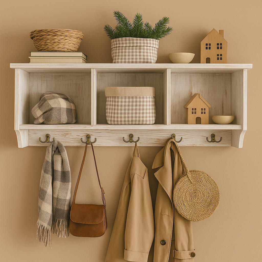 h32 Whitewashed Wooden Wall Shelf with Hooks – Handcrafted Rustic Charm for Your Entryway or Home Office