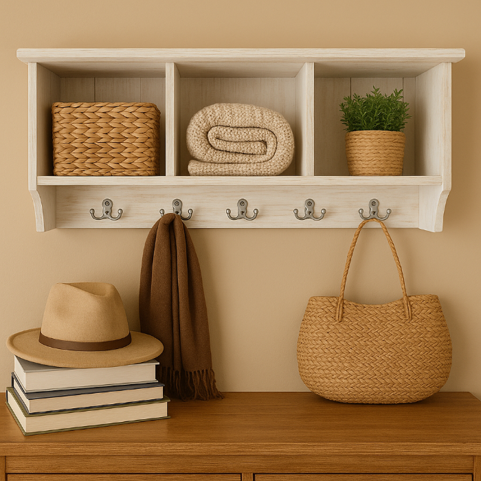 h32 Whitewashed Wooden Wall Shelf with Hooks – Handcrafted Rustic Charm for Your Entryway or Home Office