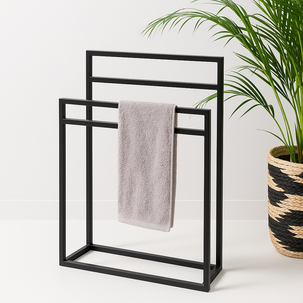 IVO Minimalist Black Metal Towel Rack – Modern Freestanding Bathroom & Bedroom Organizer
