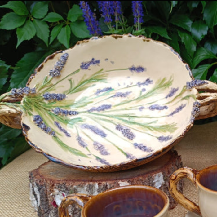 LAVENDER 🌿 Handcrafted Lavender Ceramic Serving Bowl – Artisan Floral Design