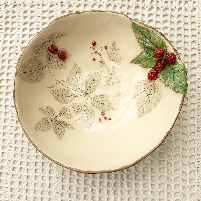 BERRIES 🍓 Handcrafted Ceramic Bowl with Berry & Leaf Motif – Nature-Inspired Artisan Dish