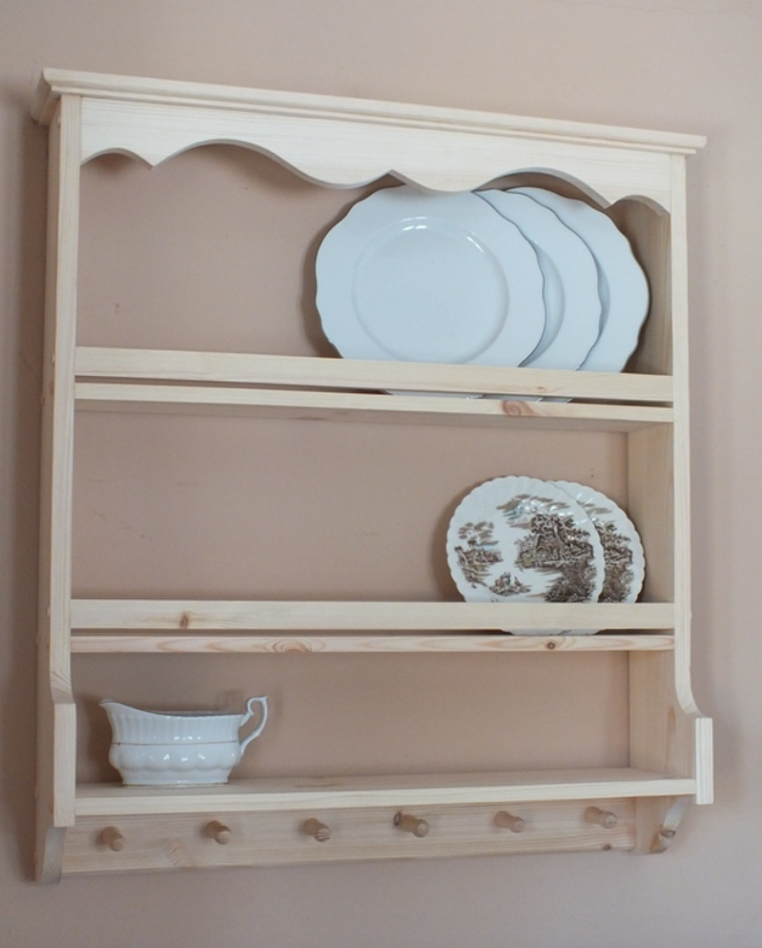 s103 Handmade Natural Pine Plate Rack Shelf with Pegs – Classic Country Elegance