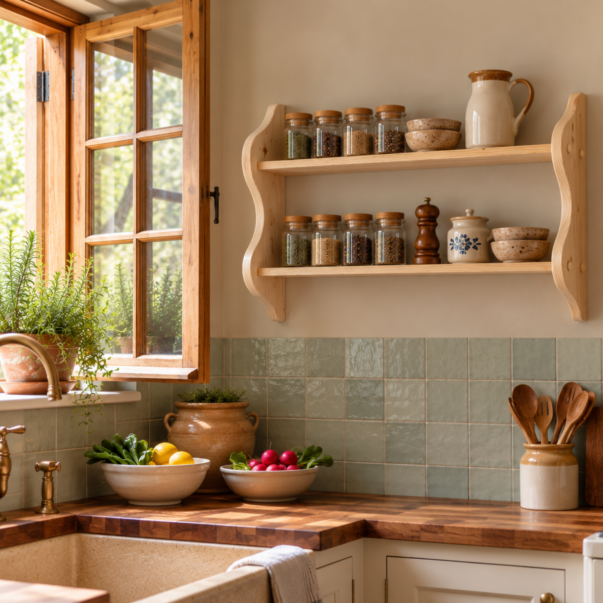 Ursule – Solid Pine Cottage Wall Shelf with Two Tiers