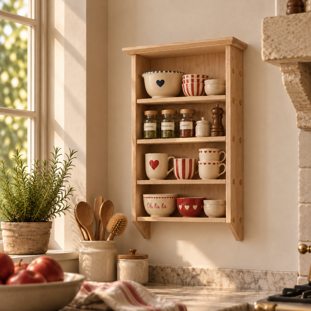 Lisette — Rustic Solid Pine Kitchen Wall Shelf