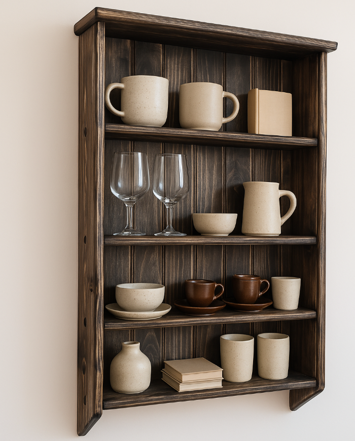 s52 Rustic Pine Wall-Mounted Wooden Rack – 4 Shelf Organizer