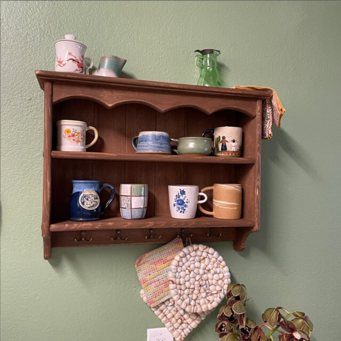 s59 Handcrafted Rustic Wooden Wall Shelf with Hooks – Classic Cottage Charm