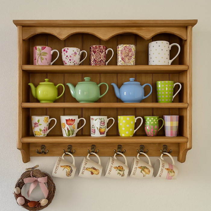 s59 Handcrafted Rustic Wooden Wall Shelf with Hooks – Classic Cottage Charm