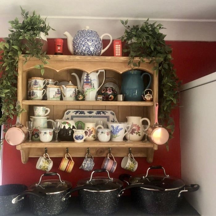 s59 Handcrafted Rustic Wooden Wall Shelf with Hooks – Classic Cottage Charm