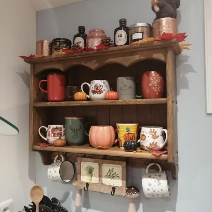 s59 Handcrafted Rustic Wooden Wall Shelf with Hooks – Classic Cottage Charm