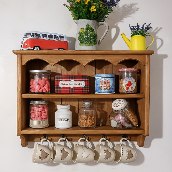 s59 Handcrafted Rustic Wooden Wall Shelf with Hooks – Classic Cottage Charm