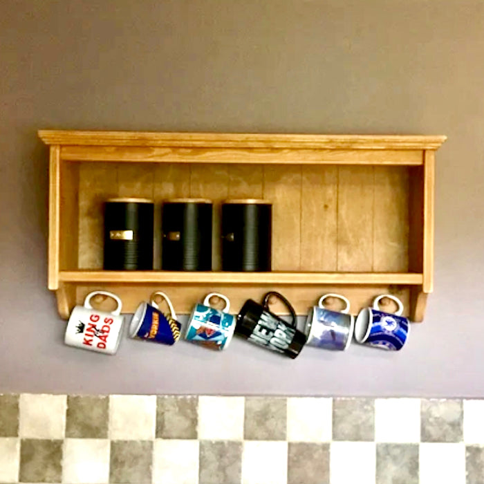 s70 Rustic Wooden Wall-Mounted Kitchen Shelf with Mug Pegs