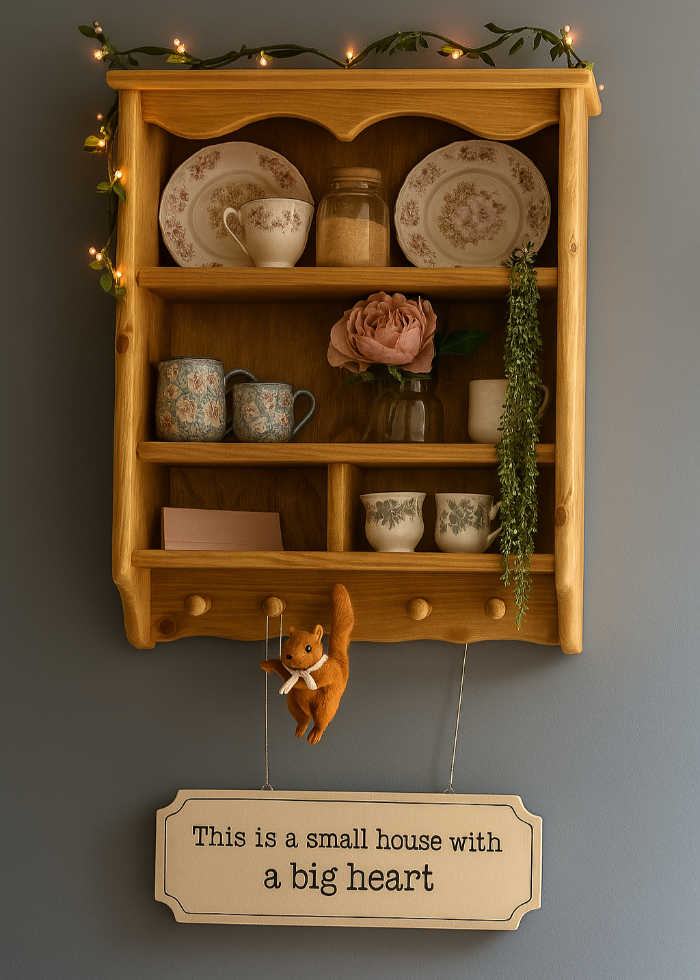 s98 Rustic Wooden Wall Shelf with Peg Hooks – Handmade Cottage Charm