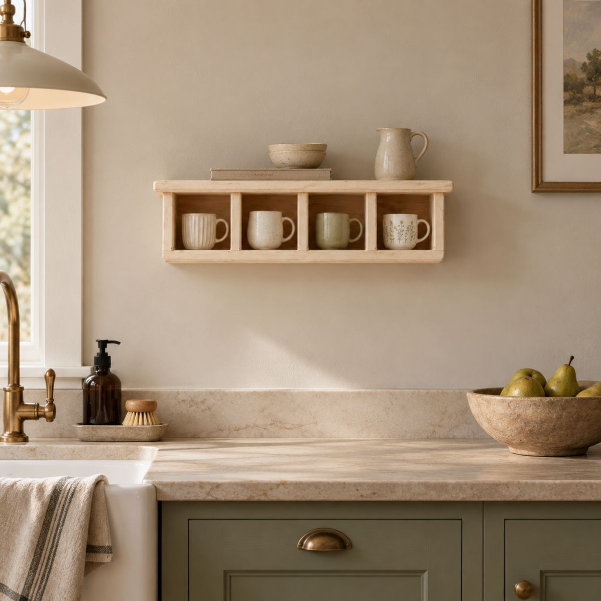 A light natural wood floating wall shelf mounted above a kitchen counter, holding four white ceramic mugs and a small bowl. The scene includes a farmhouse sink, brass faucet, countertop, and a bowl of pears on the counter.
