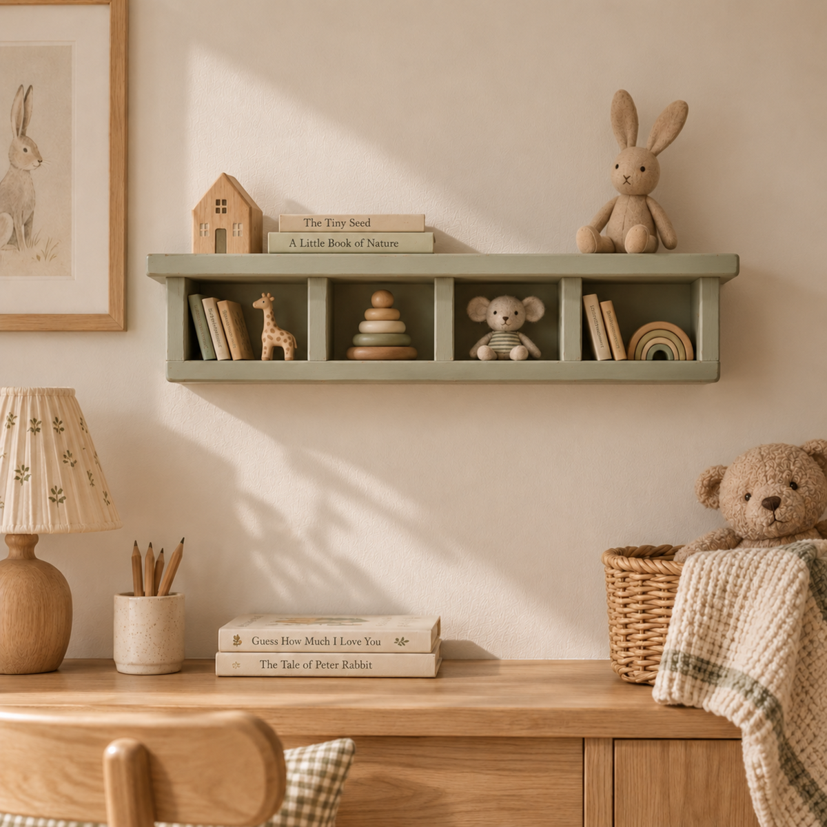 A styled nursery or children's room scene with a light sage green floating shelf mounted on a beige wall above a wooden desk. The shelf holds small books, a wooden house, a giraffe figurine, a stack of round toys, a small stuffed animal, and a rainbow toy.