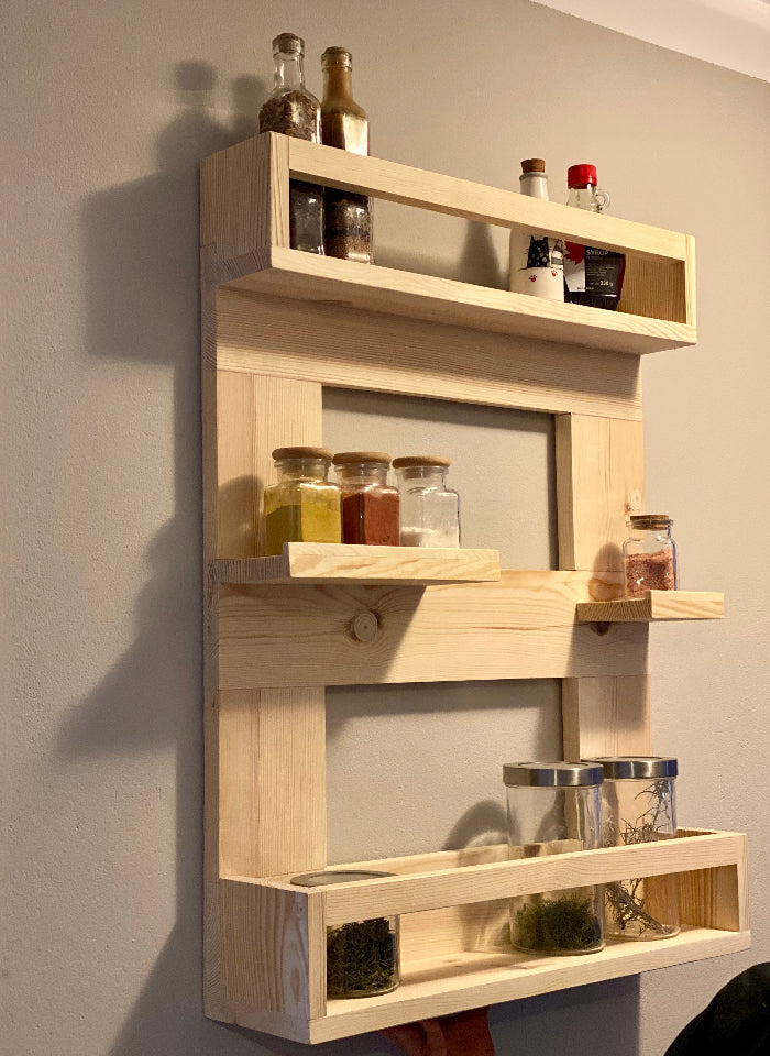 w5 Wall-Mounted Kitchen Shelf Rack – Natural Wood Organizer