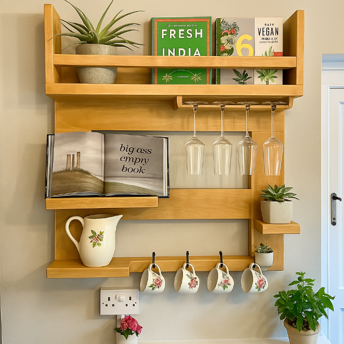 w5 Wall-Mounted Kitchen Shelf Rack – Natural Wood Organizer