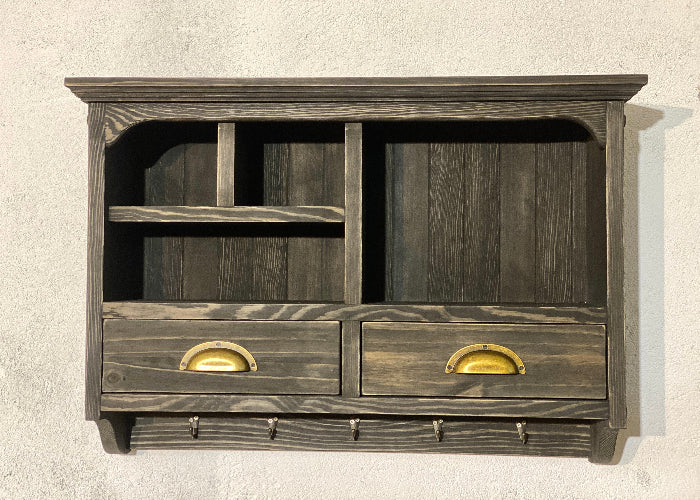 AKIKO Rustic Wooden Wall Shelf with Drawers & Hooks – Vintage Farmhouse Storage Organizer