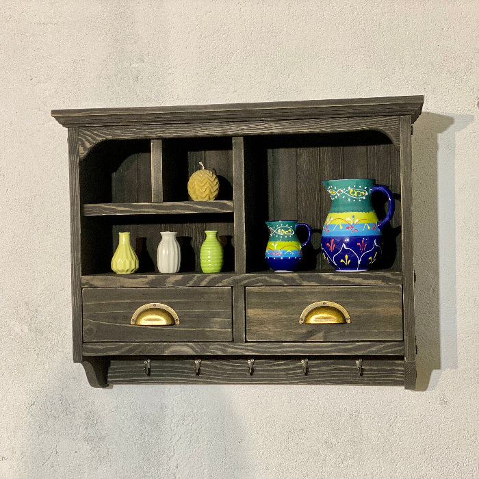 AKIKO Rustic Wooden Wall Shelf with Drawers & Hooks – Vintage Farmhouse Storage Organizer