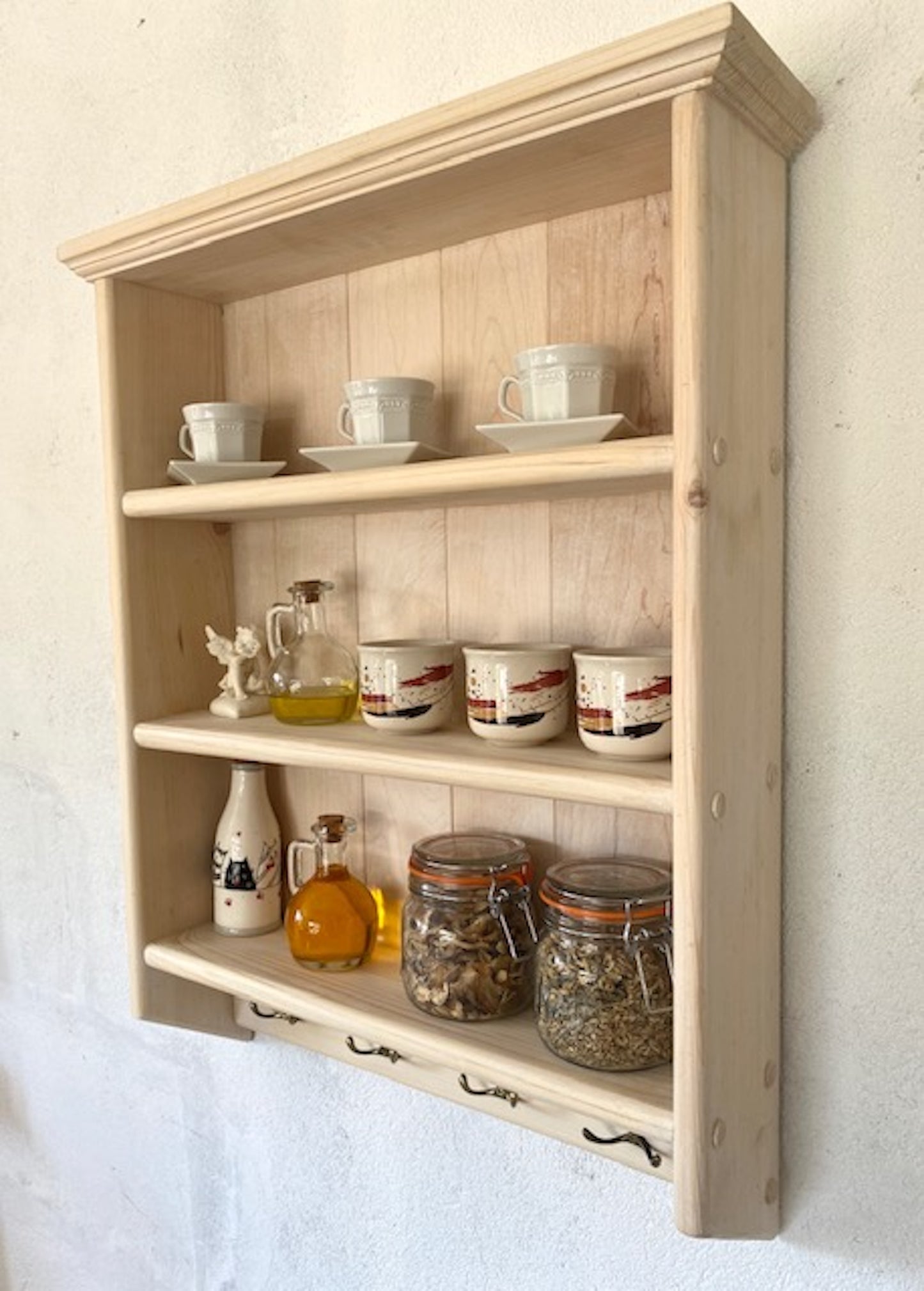 s79 SHERRI BESPOKE Wall hanging shelving unit with hooks made of solid pine (Copy)