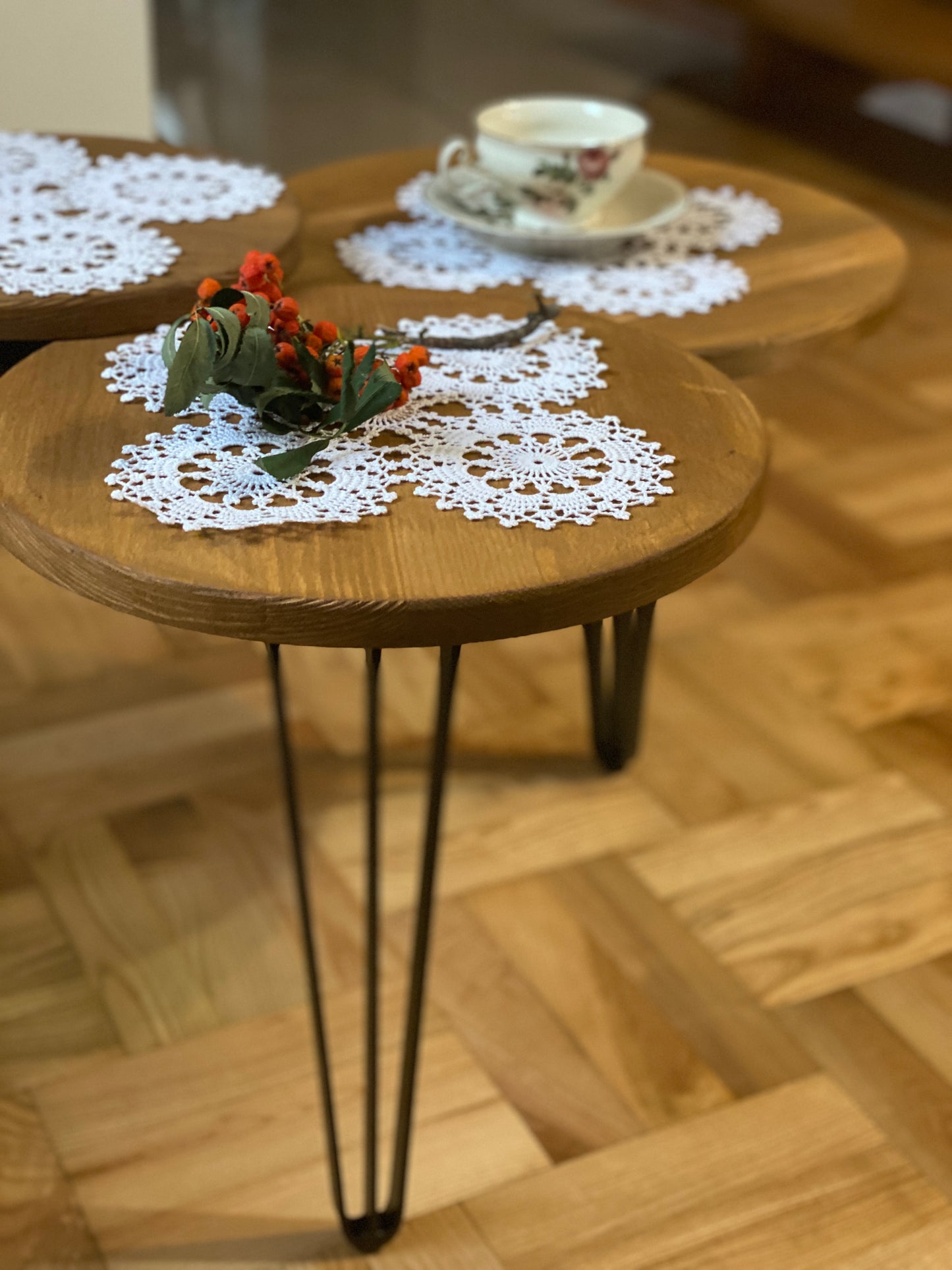 ZINA 2 Designed coffee table with three tops and hairpin legs