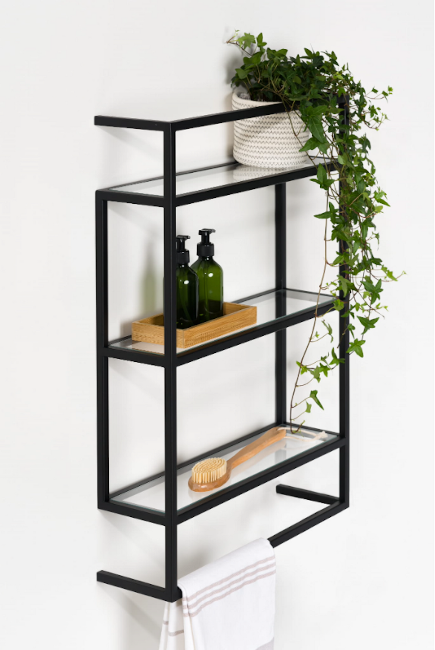 PAULA Bathroom shelf with toughened glass shelves and towel rack