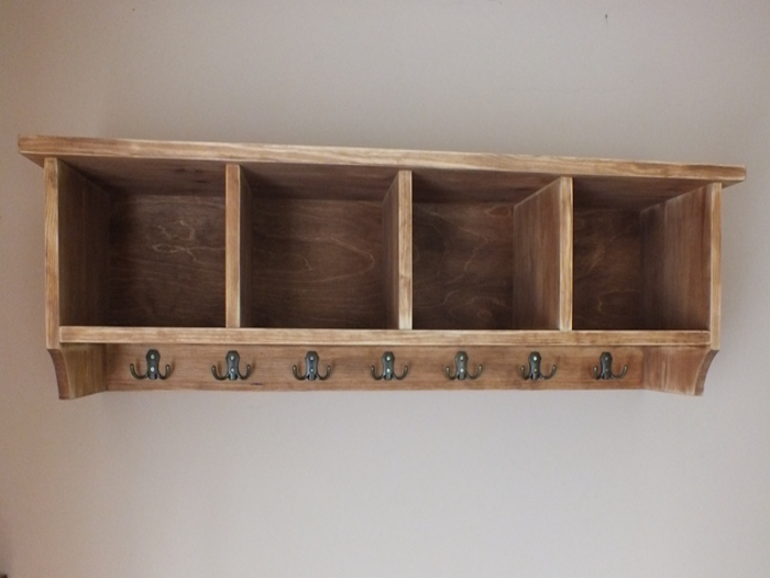 h22 Rustic Wall-Mounted Shelf with Hooks – Handmade Storage for Entryway, Craft Room, or Kitchen