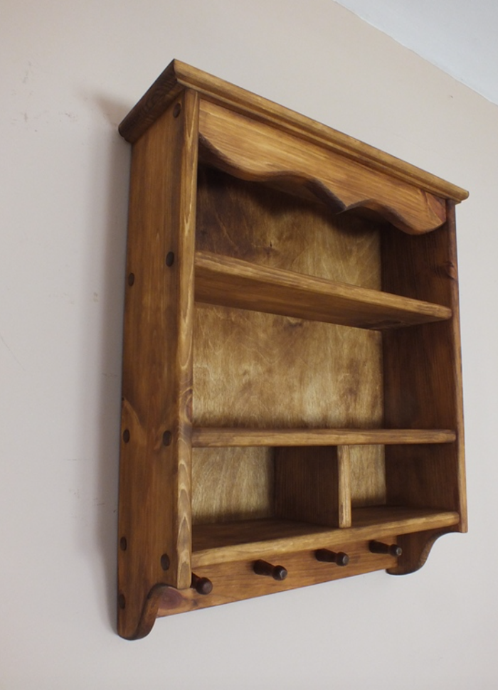 s98 Rustic Wooden Wall Shelf with Peg Hooks – Handmade Cottage Charm