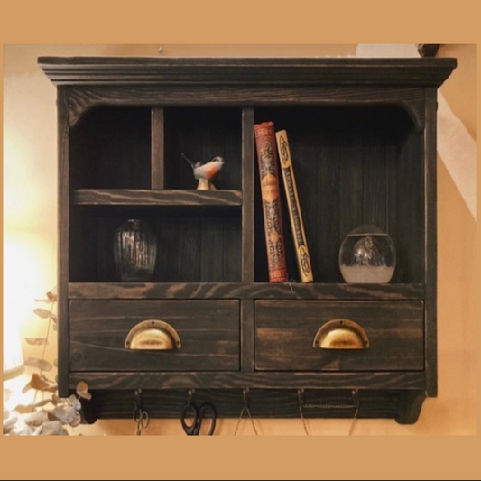 AKIKO Rustic Wooden Wall Shelf with Drawers & Hooks – Vintage Farmhouse Storage Organizer