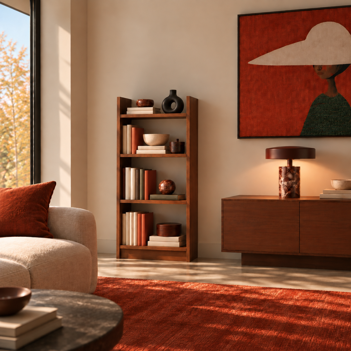 A tall wooden bookshelf with five shelves, styled with books, ceramic vases, and bowls, set in a warm, modern living room next to a beige sofa and a red rug.