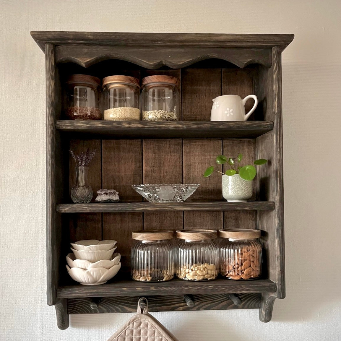 Arlette — Rustic Kitchen Wall Shelf with Hooks