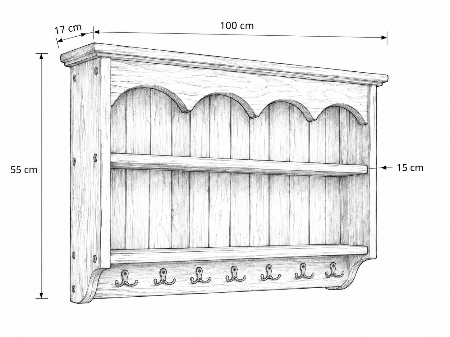 Black and white line drawing of a wall-mounted wooden shelf with dimensions labeled: 100 cm width, 55 cm height, 17 cm top overhang, 15 cm shelf spacing, and 15 cm side overhang.