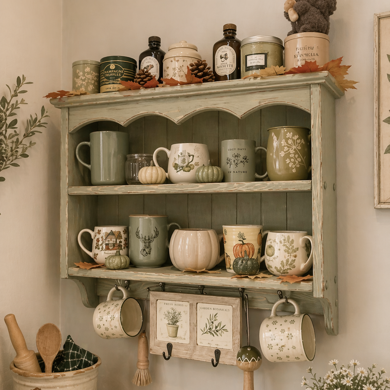 Delphine — Rustic Wall Shelf with Hooks