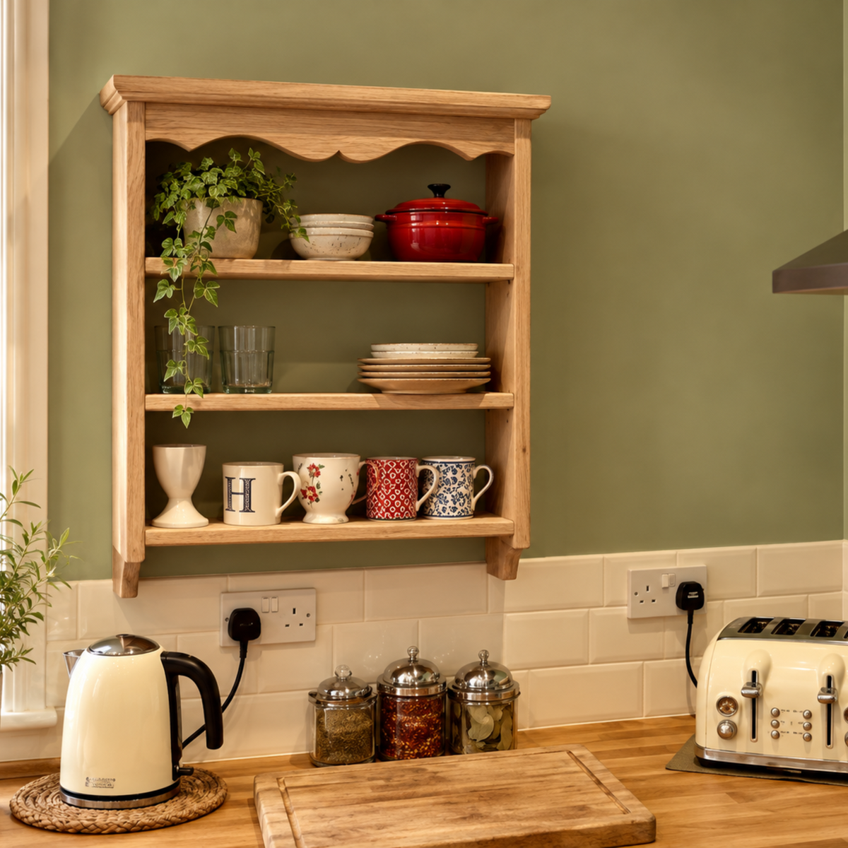 A light natural wood three-tier wall-mounted kitchen shelf with scalloped top and curved bottom, styled with dishes, mugs, and a plant, set against a sage green wall in a kitchen.