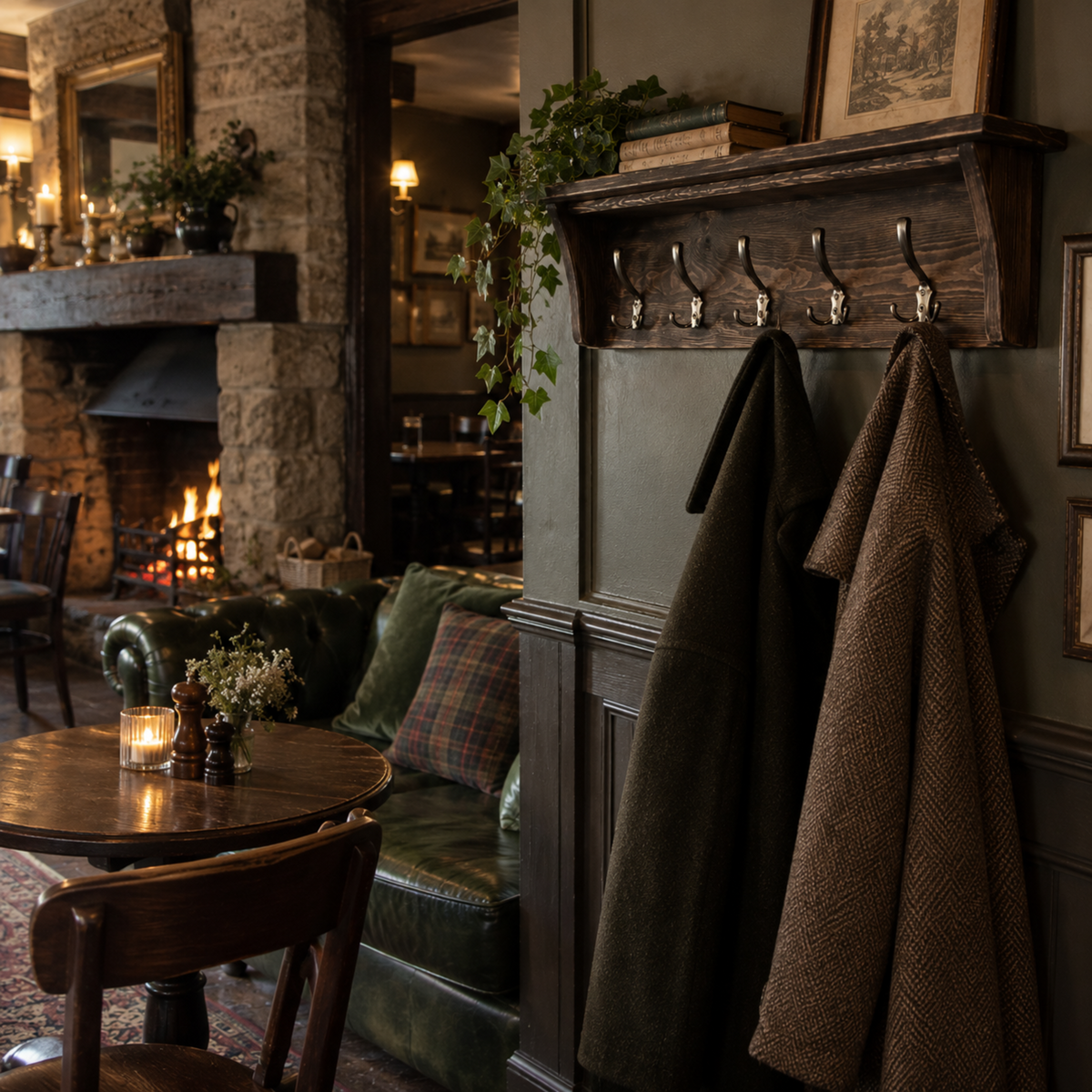 A rustic dark wood coat rack with metal hooks hangs on a wall in a cozy, dimly lit pub or lounge. Two heavy woolen coats are hanging from the rack, one in dark green and one in brown tweed.