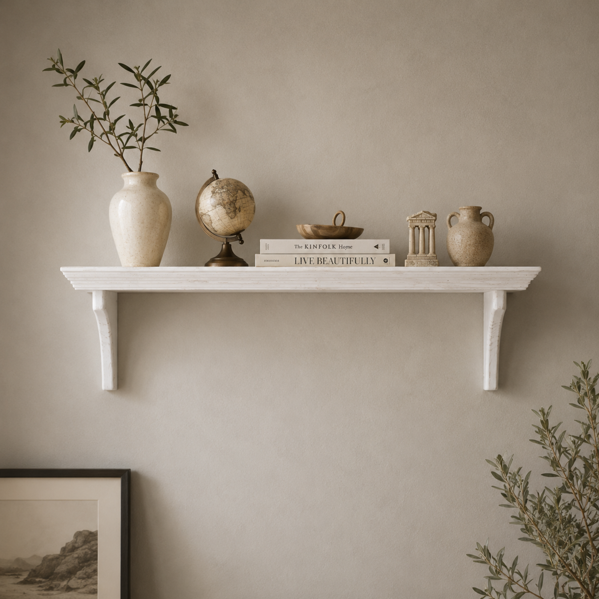 White shelf with decorative items against a beige wall