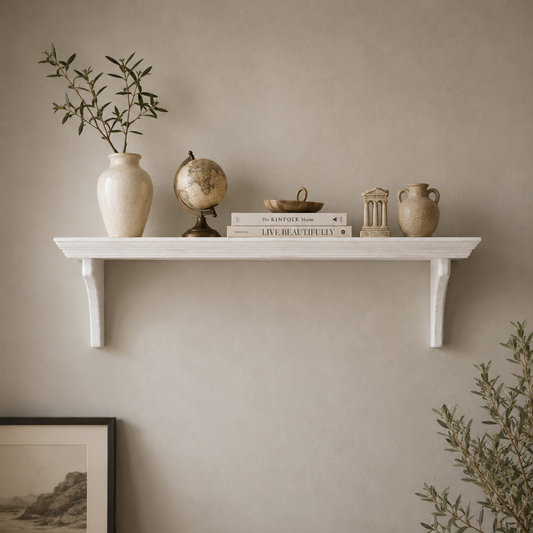White shelf with decorative items against a beige wall