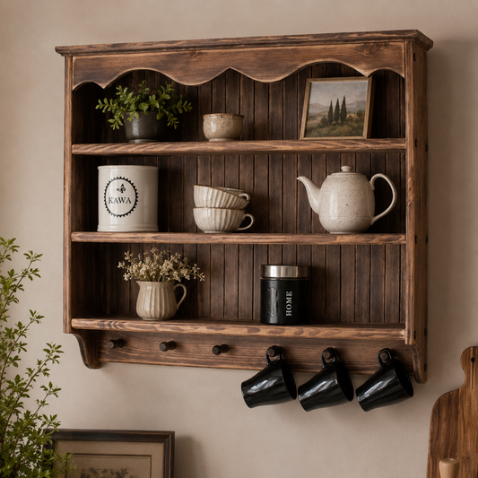 A rustic dark brown wooden wall-mounted shelf with three open compartments and three black hanging mugs below, styled with ceramic cups, a teapot, a small plant, and a framed landscape print against a beige wall.